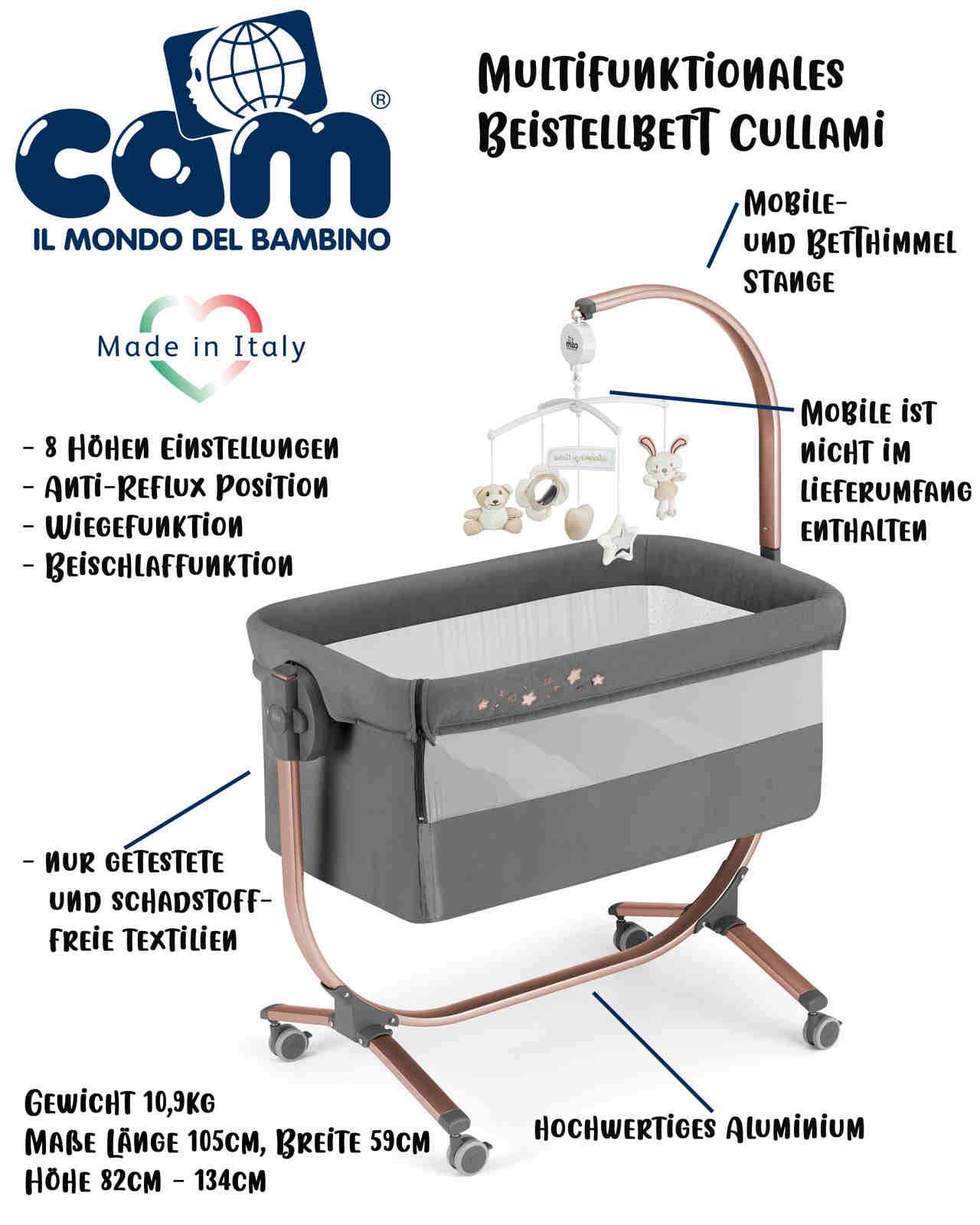 925-T163 CAM 2 in 1 Beistellbett - Babywiege CULLAMI | praktisch - schön, antracite con stelline / Anthrazit mit Sternen