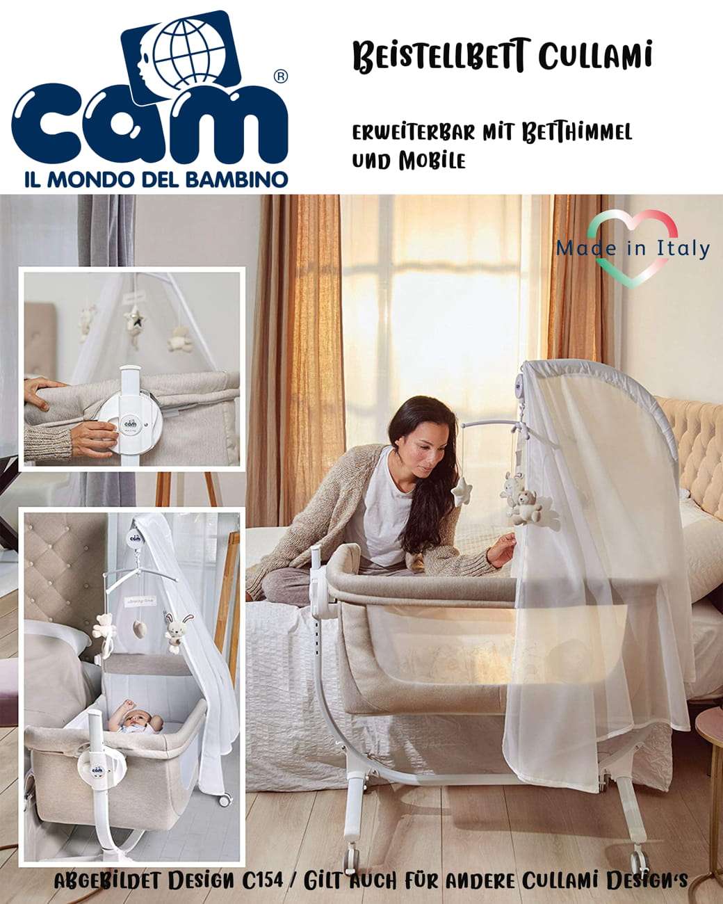 925-T163 CAM 2 in 1 Beistellbett - Babywiege CULLAMI | praktisch - schön, antracite con stelline / Anthrazit mit Sternen