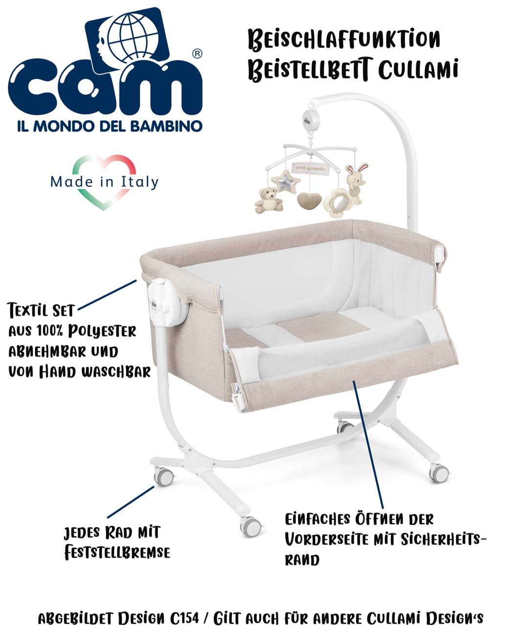 CAM 2 in 1 Beistellbett - Babywiege CULLAMI , praktisch - schoen, tortora con stelline / Taupe mit Sterne