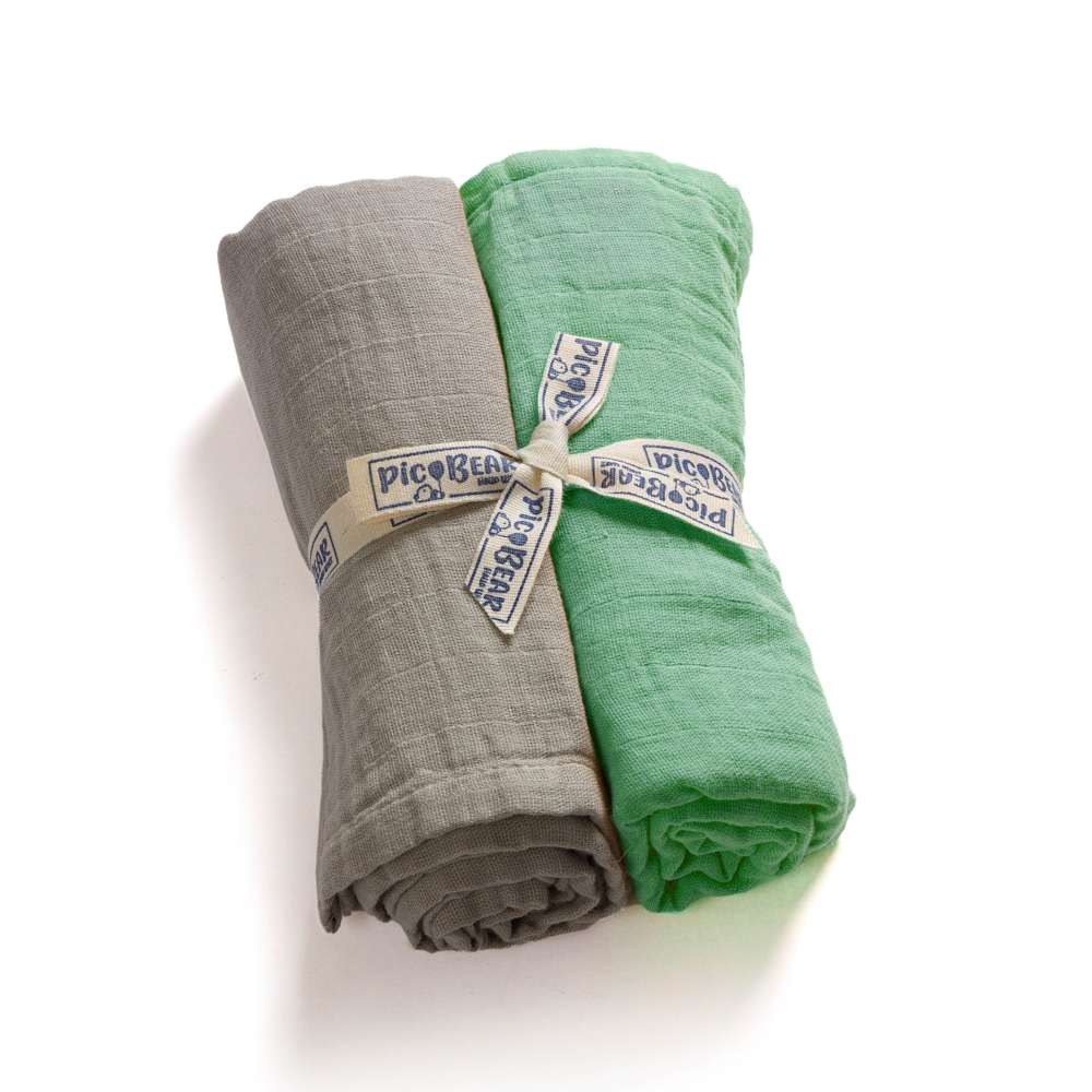 636-02 pic Bear Musselin Moltontuecher 2er Pack, grayed jade + oyster mushroom