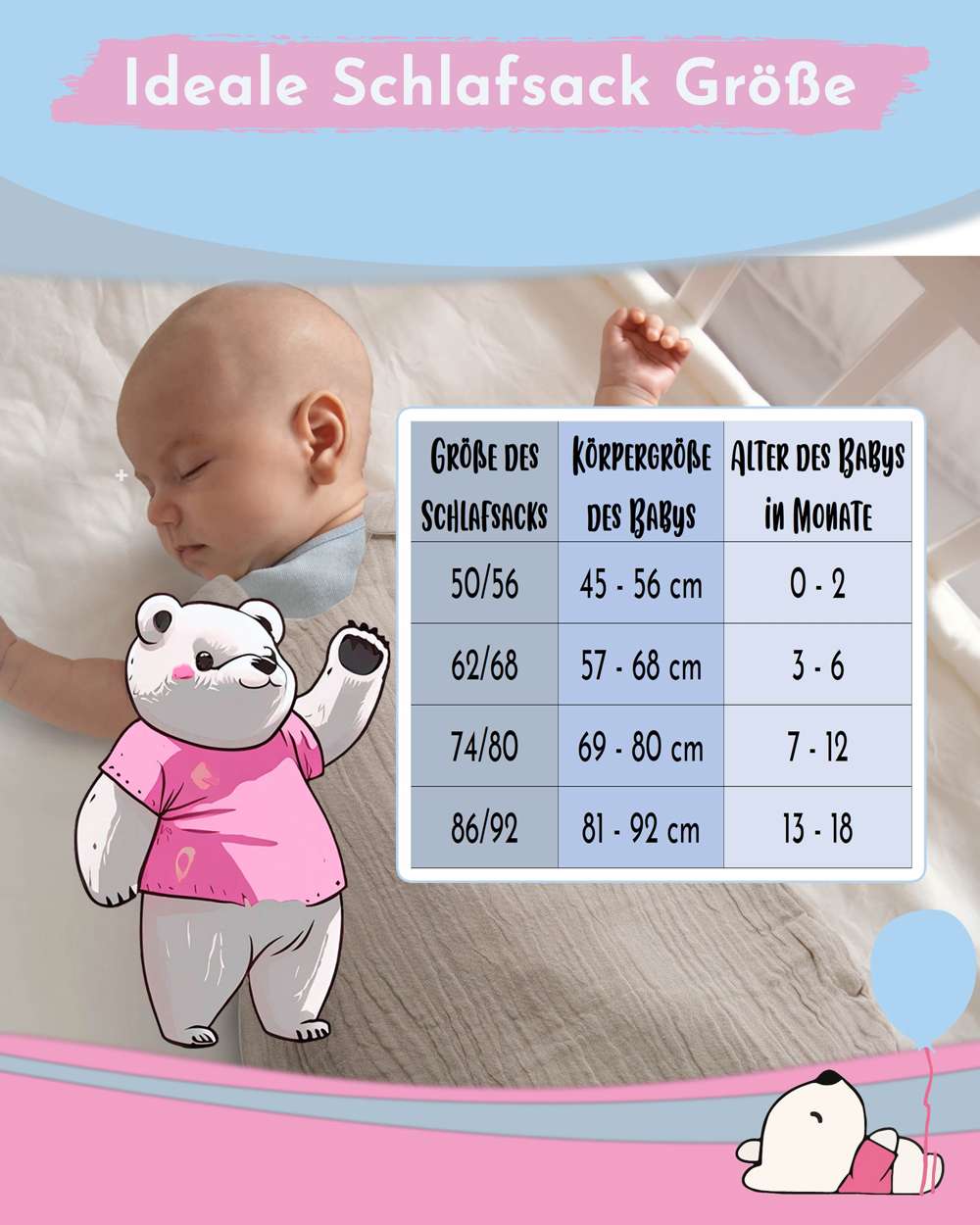 613-112 pic Bear Babyschlafsack mitwachsend - atmungsaktiv, Jungle, 62/68